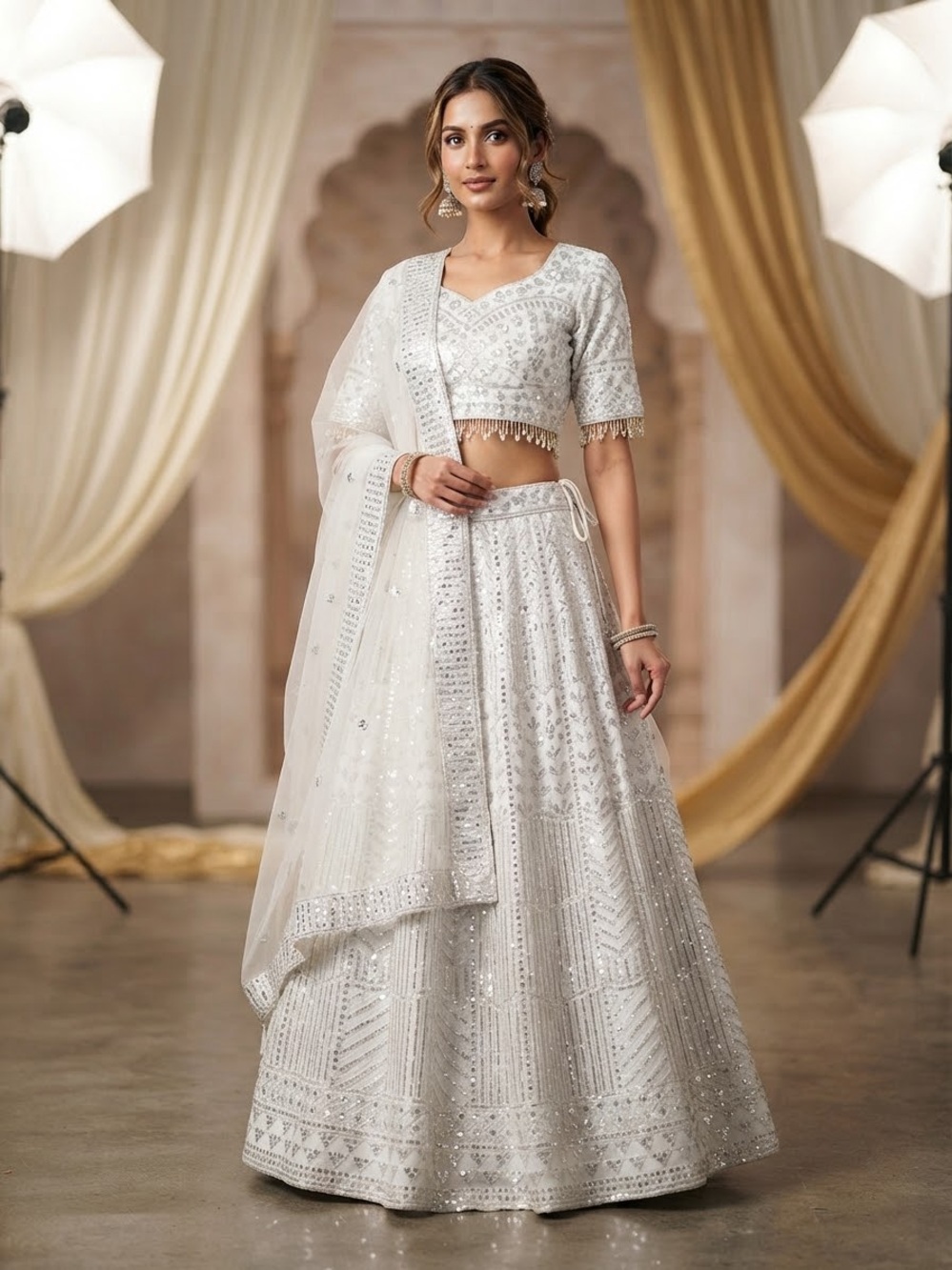 White Silver Embellished Bridal Georgette Net Lehenga Set